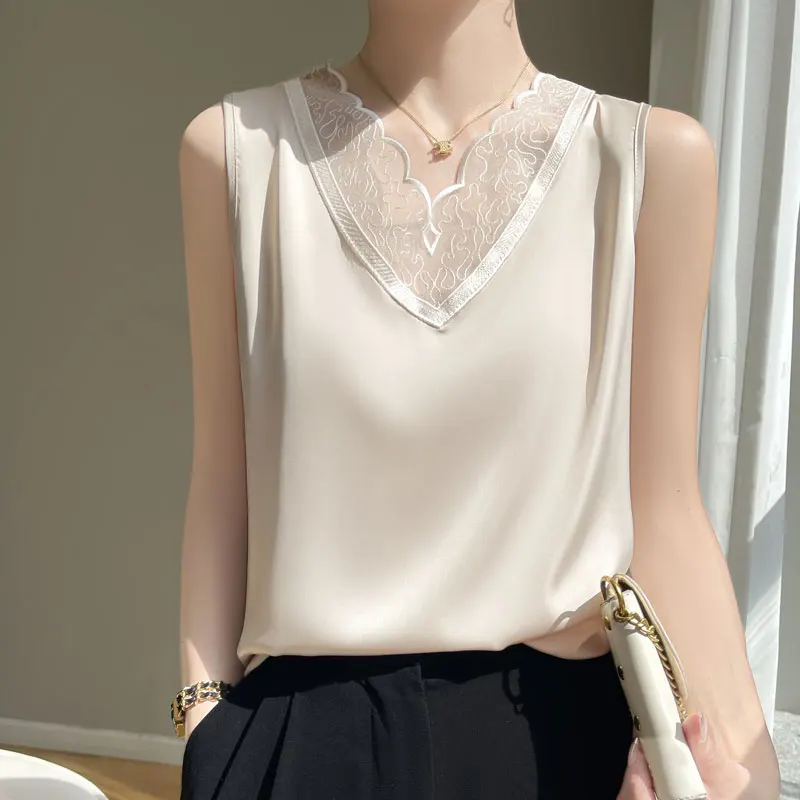 Summer Vest Short Sleeve Cool Thin Pullovers Silky Fabric Sleeveless Top Breathable Elegant Temperament Women's Clothes Quality