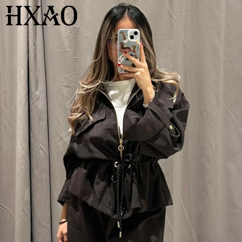 

HXAO 2025 Women's Jacket Safari Crop Jacket Autumn Elegant High Collar Zip Up Outerwears Chic Brown Long Sleeve Drawstring Coat