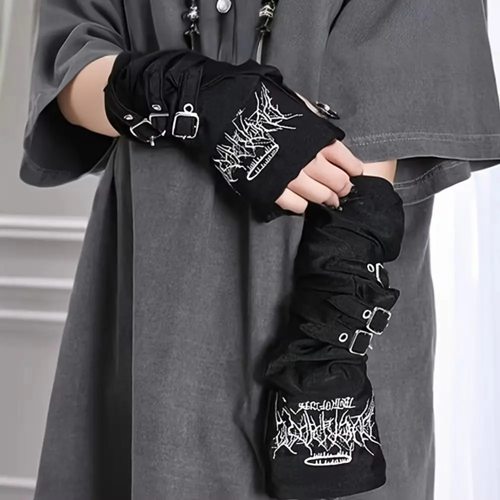 Creative Metal Buckle Arm Sleeves Dark Punk Y2K Half Finger Sleeves Japanese Harajuku Decorative Gloves Women