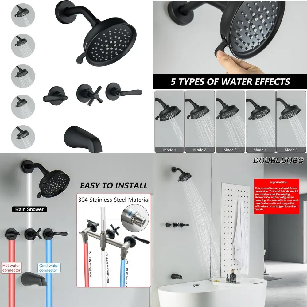 

Three-Handle Matte Black Shower Faucet Set with Tub Spout, Modern Triple Knob Bath Tub Shower Mixer System