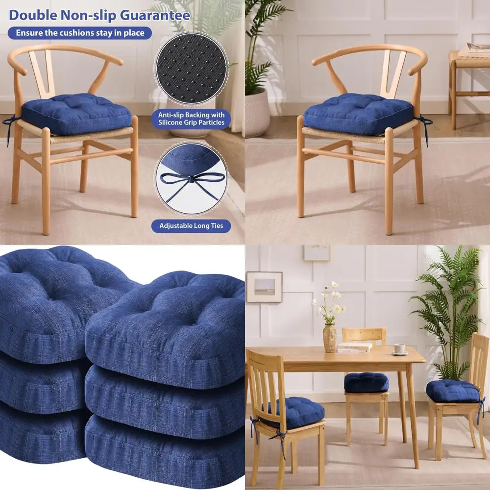 

Набор из 6 подушек для сидений обеденных стульев темно-синего цвета, 16,5 x 16,5 x 3,5 дюйма, с завязками и нескользящей основой.