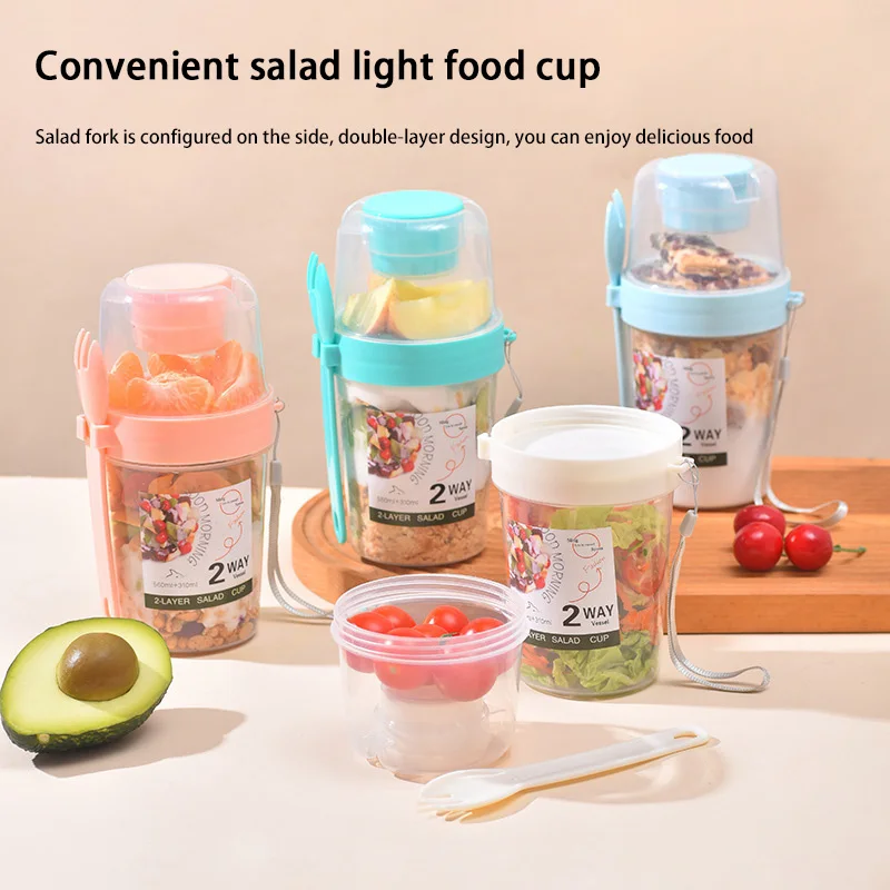 Portable Breakfast Salad Cup With Lid And Fork Yogurt Cereal Oatmeal Parfait Container Snack Dressing Holder On-the-go Cup