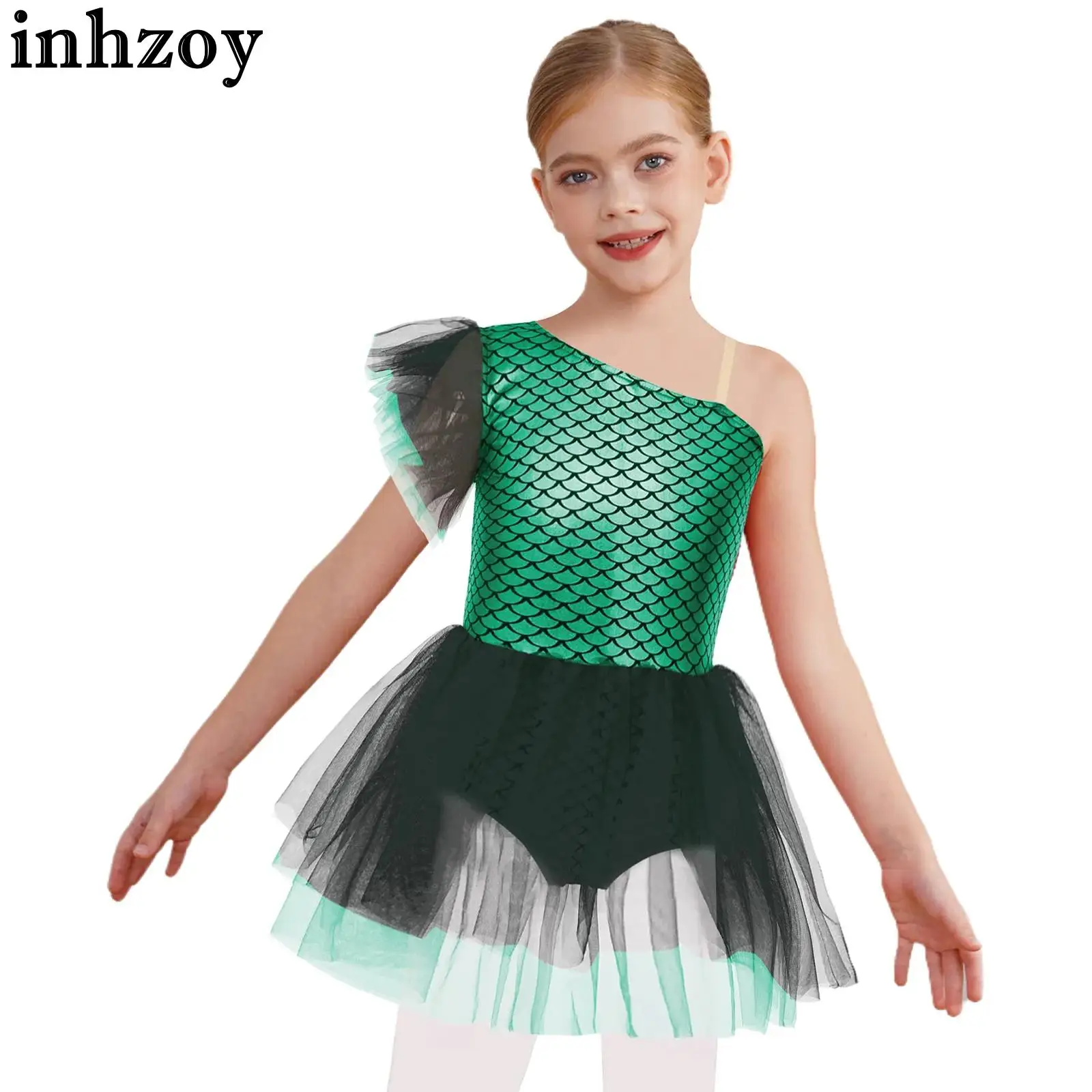 Kids Girls Halloween Mermaid Costume Sleeveless Fish Scales Print Tutu Dress Ballet Dance Skating Gymnastics Leotard Dancewear