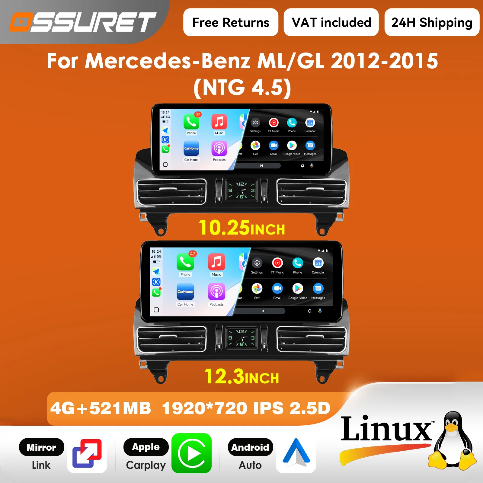 12,3-Zoll-Carplay-Linux-5.4-Autoradio für Mercedes-Benz ML GL X166 2012 - 2015 NTG 4.5 Multimedia-Videoplayer T113-i Dual-Core USB BT Mirror Link 10,25"-Bildschirm-Headunit
