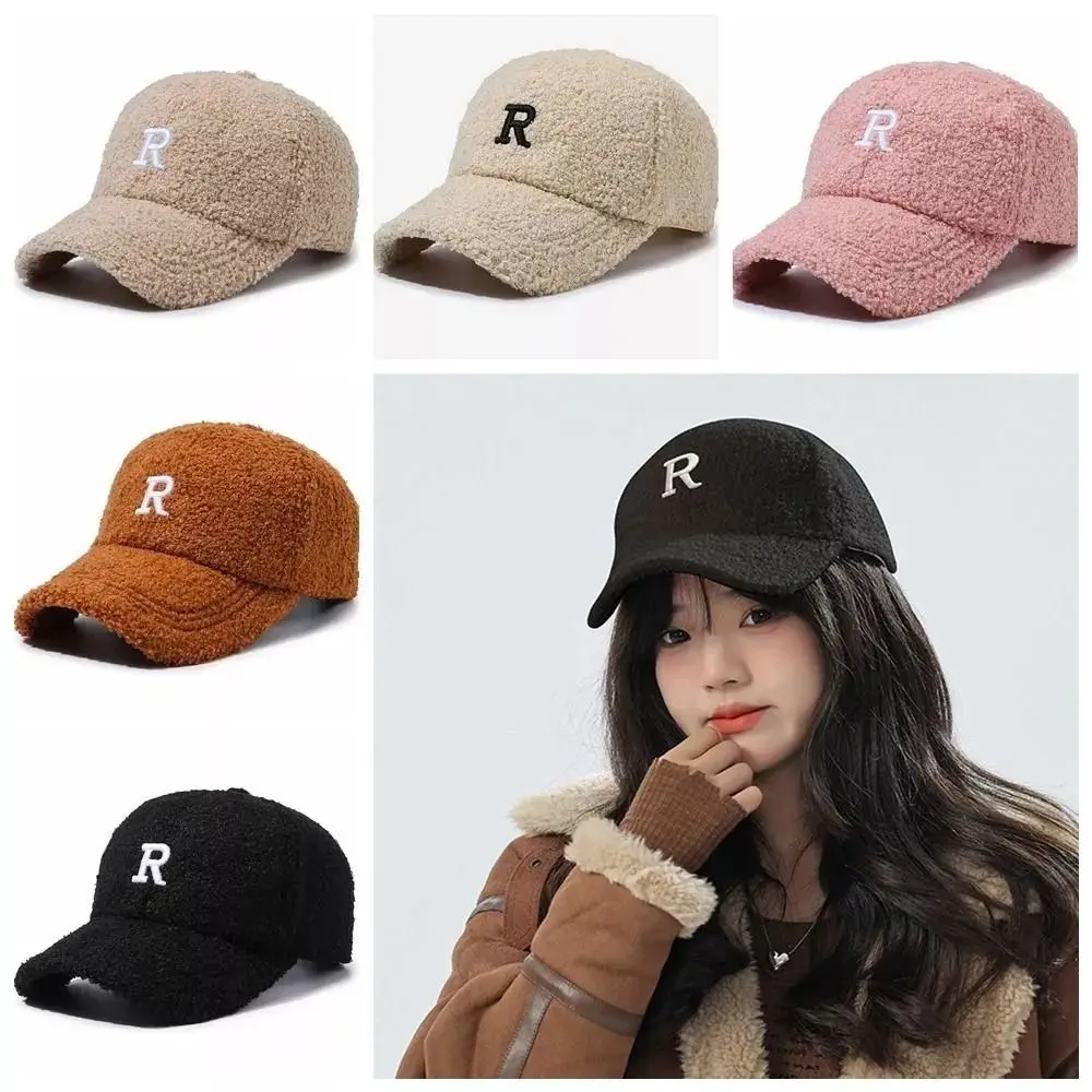 Fashion Embroidery Baseball Cap Thick Windproof Peaked Cap Imitation Lambswool Solid Color Winter Warm Hat