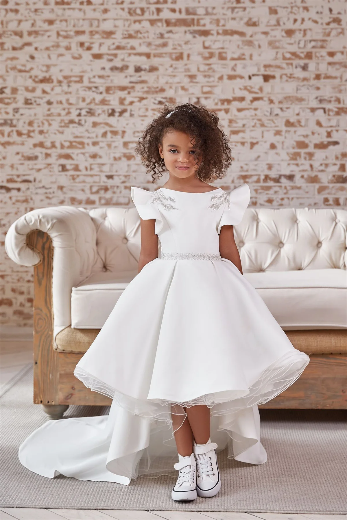 

Ivory White Satin Trailed Flower Girl Dress For Wedding Elegant Child First Eucharistic Kids Birthday Party Ball Dress