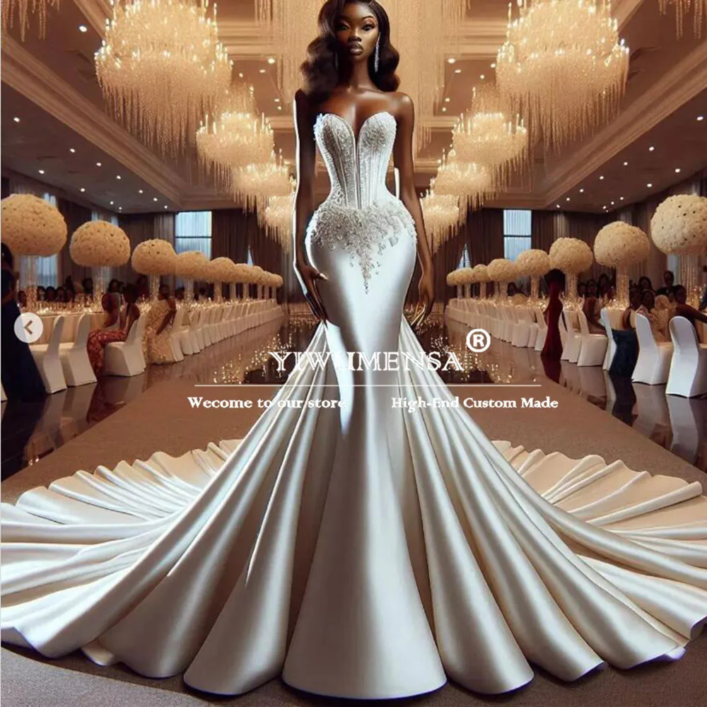 Exquisite African Mermaid Wedding Dresses Customized Size/Color Sweetheart Lace Appliques Satin Bridal Gowns Strapless Clothing