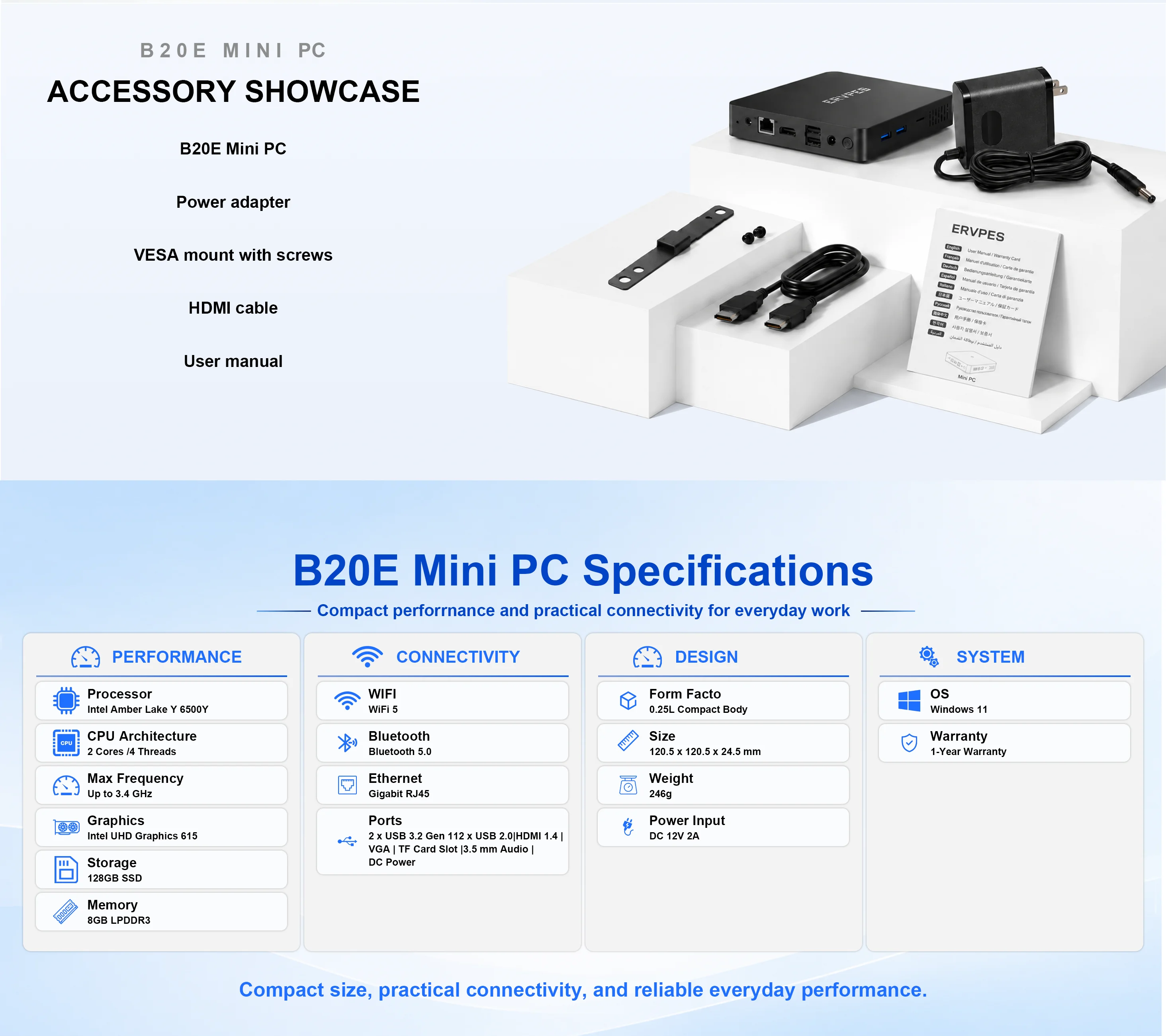 ERVPES Mini-PC B20E Windows 11 Pro 8GB RAM 128GB ROM 6500Y Micro-Desktop-Computer Dual-Band WLAN Mini-PC – Detail 6