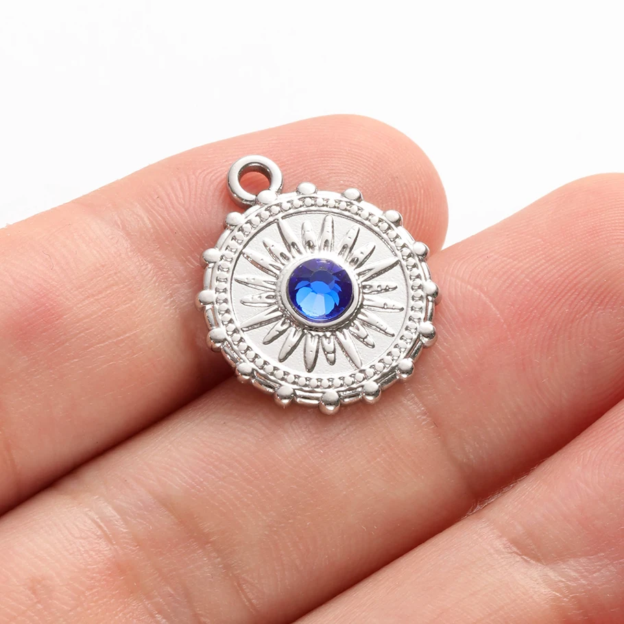 5 Stück Edelstahl-Anhänger mit Fatima-Hand, Herz/Mond/Rundem Bösen Auge für Schmuckherstellung, dunkelblauer Strass-Charm, Großpackung – Detail 12