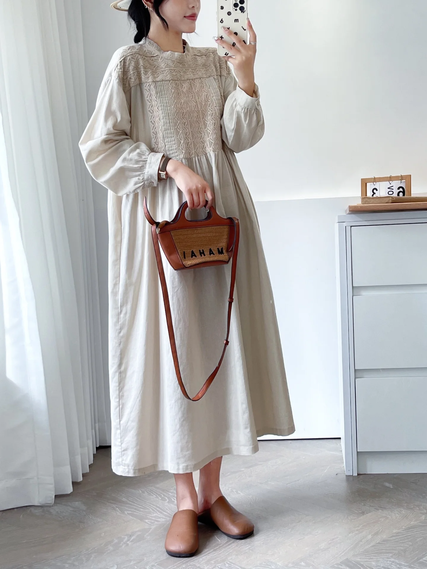 New Summer Cotton Long Sleeve Dresses, Woman O Neck Lace Patchwork, Mori Girl Loose Sweet Casual Dress, 2024 Autumn D48443QC