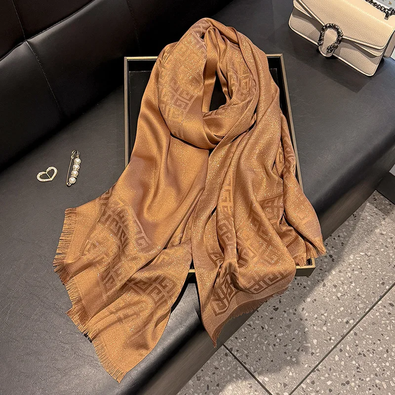 New Long Scarf Fashion Simulation Silk Scarf Women's Fashion Versatile Scarf Shawl Dustproof Premium Tencel Cotton Gold Silk