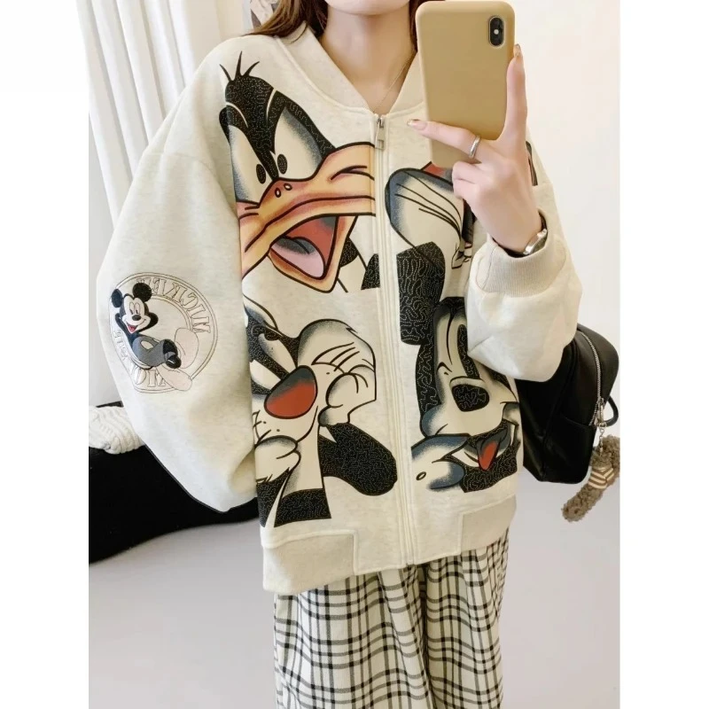 

Зимняя женская бейсбольная куртка оверсайз с 3D-вышивкой и мультяшным принтом 2026 года – теплая свободная куртка из смесового хлопка на подкладке из шерпы