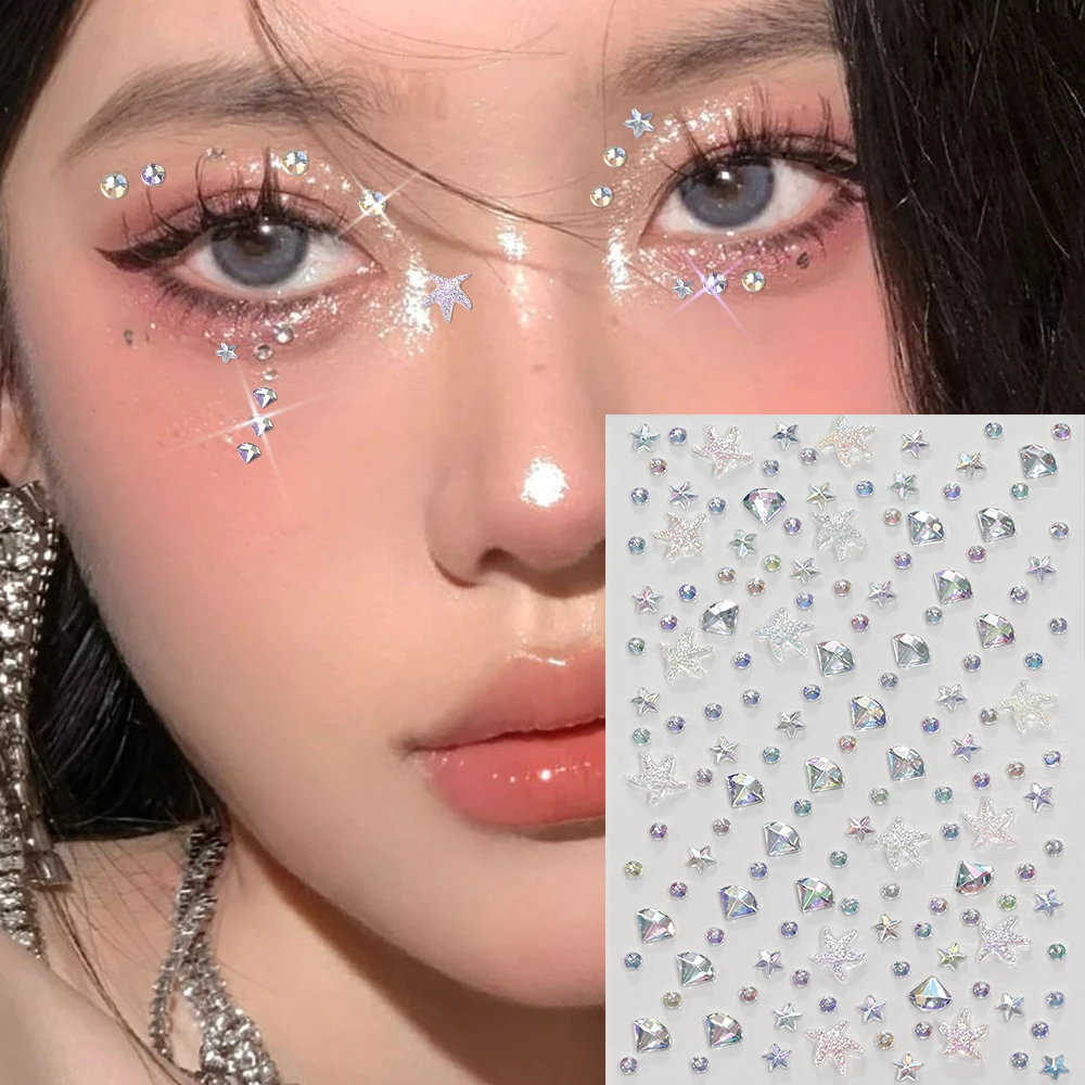 1Pcs Aurora Crystal Diamond Star Face Gems Stickers Mini Round Starfish Bling Rhinestone Fake Tattoo Sticker for DIY Eyes Body#^ view 5