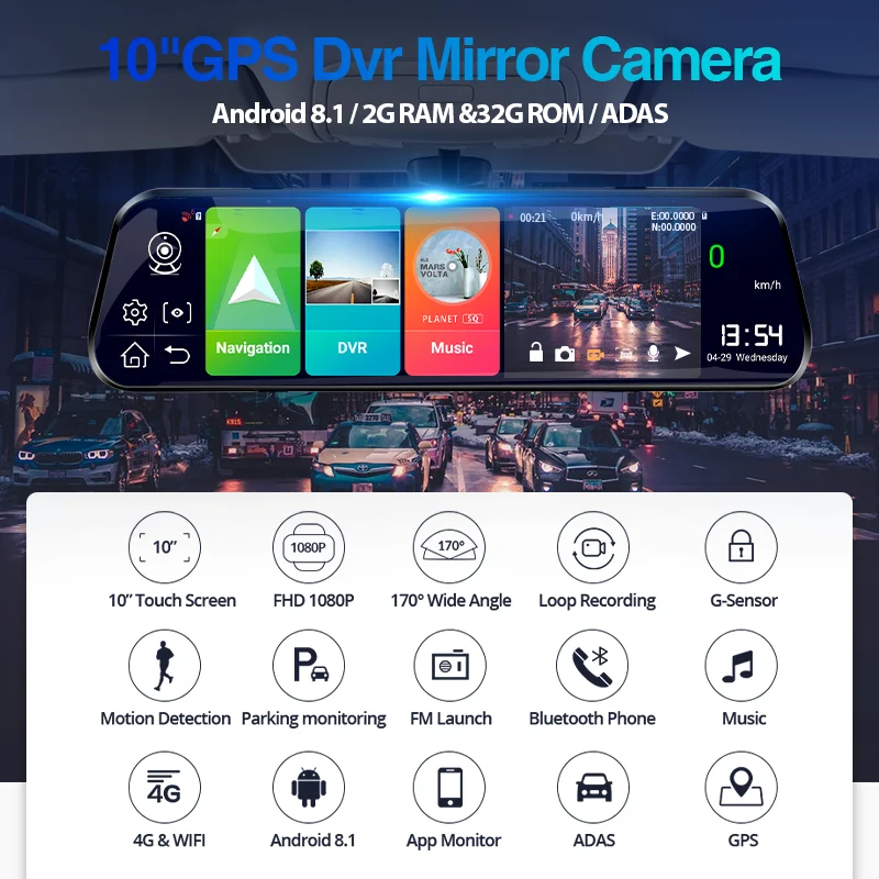 Fotografia 3: Yangoood Dashcam 1080P DVR Automotivo 10 Polegadas com Streaming 4G Android ADAS e Registro Opcional Espelho Retrovisor 1080P para Gravação Automotiva