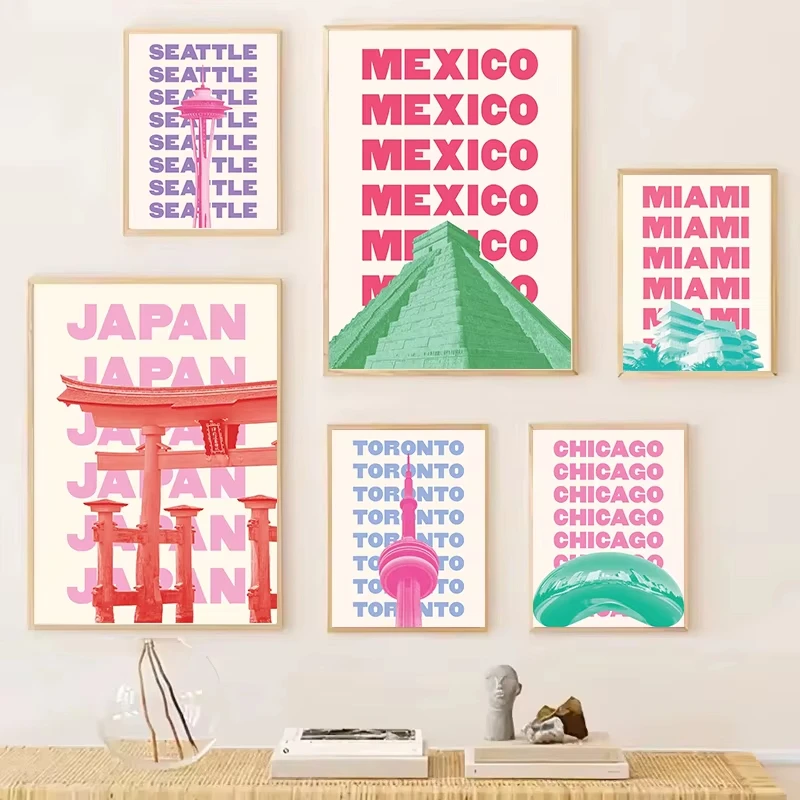 Póster de Lona con Diseños de Viajes a la Moda: Chicago, Nueva York, San Francisco, Londres, París, Roma, Japón, Ámsterdam, Berlín, Egipto, Miami