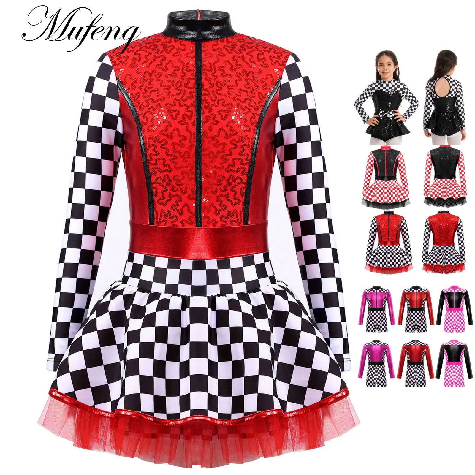 

Kids Girls Race Car Driver Costume Halloween Queen Racer Checkerboard Performance Tutu Dress Themed Party Pole Play Dress Up