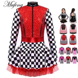 Kids Girls Race Car Driver Costume Halloween Queen Racer Checkerboard Performance Tutu Dress Themed Party Pole Play Dress Up