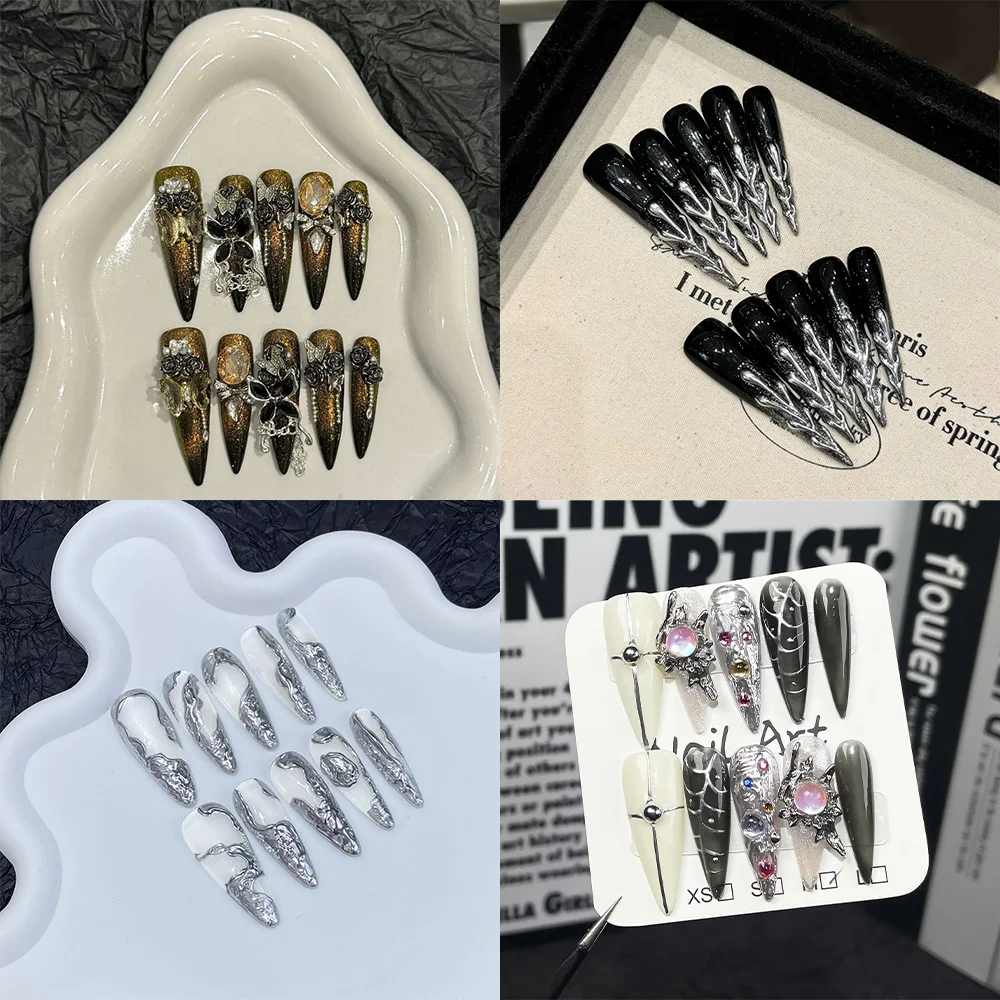 10pcs Metal 3D Effect Black Rose Press on Nails Long Stiletto Full Cover Nail Tips Butterfly Design False Nails for Cool Girls