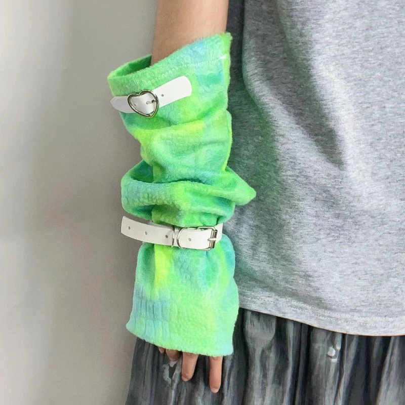 Japanese Green Fingerless Gloves Harajuku Belt Long Oversleeves Sun Protection Sleeves Streetwear Cycling Y2k Aesthetic Warmer