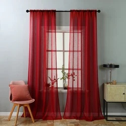 1pc Solid Color Sheer Curtain，Red Celebration style Hemp Gauze Curtain for the Living Room Decor，Transparent Voile