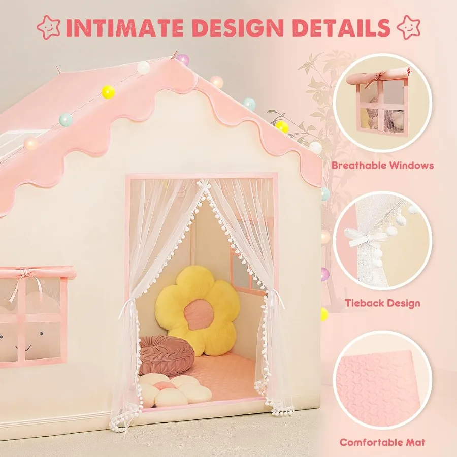ボールライトとマット付き屋内用プレイテント 幼児用プレイハウス 対象年齢3～8歳 57 x 35 x 47 ピンク