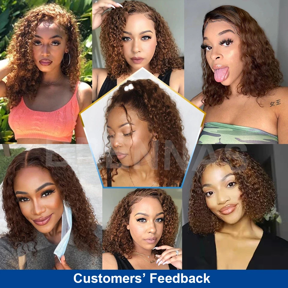 Curly #4 Honey Brown 13x4 Lace Front Human Hair Wig 200% Density Deep Wave Short Bob Wigs Human Hair Transparent Lace Remy Hair