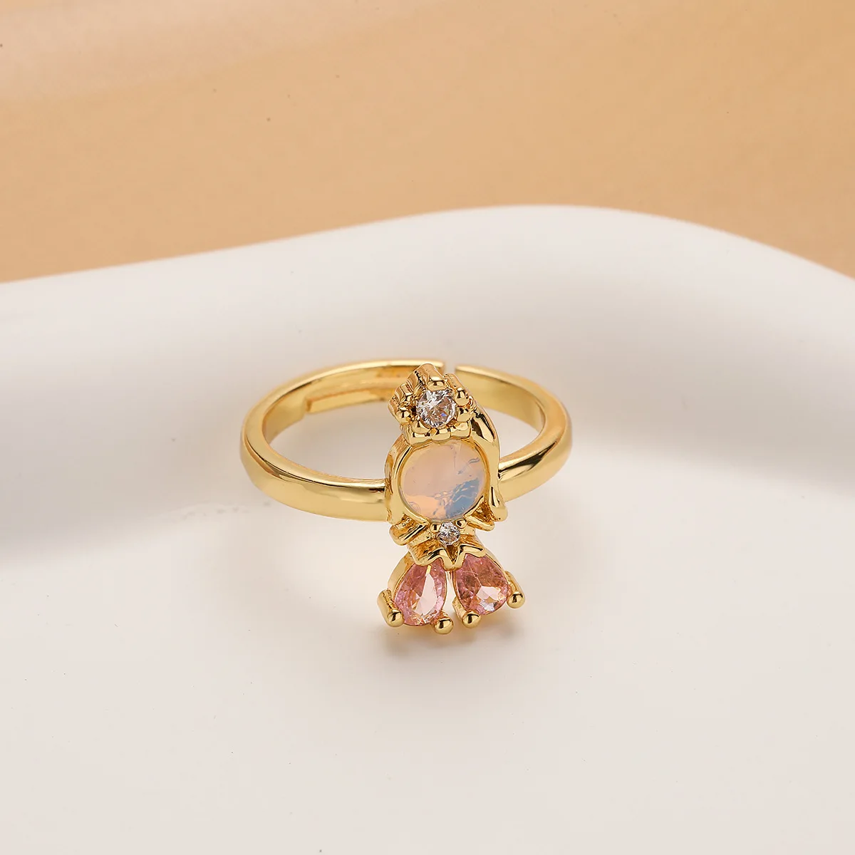 INS Sweet Girls Pink Crystal Princess Rings Copper Gold Plated Open Rings Mermaid Rings for Women Dainty Jewelry Gifts