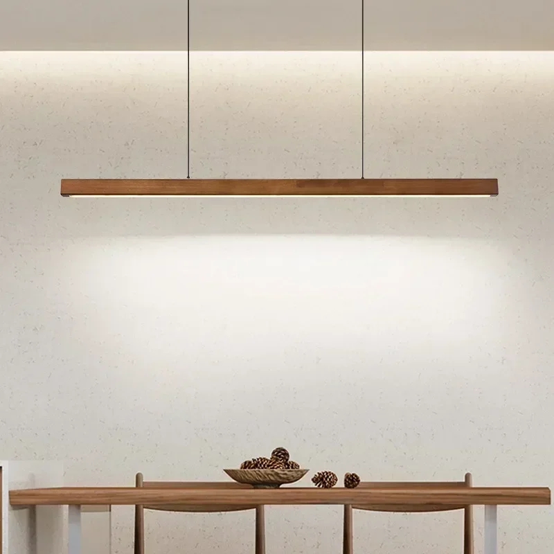 Modern LED Pendant Light, Wood Long Strip, Candeeiro de mesa de jantar, Suspensão Lustre para sala de estar, Iluminação de cozinha