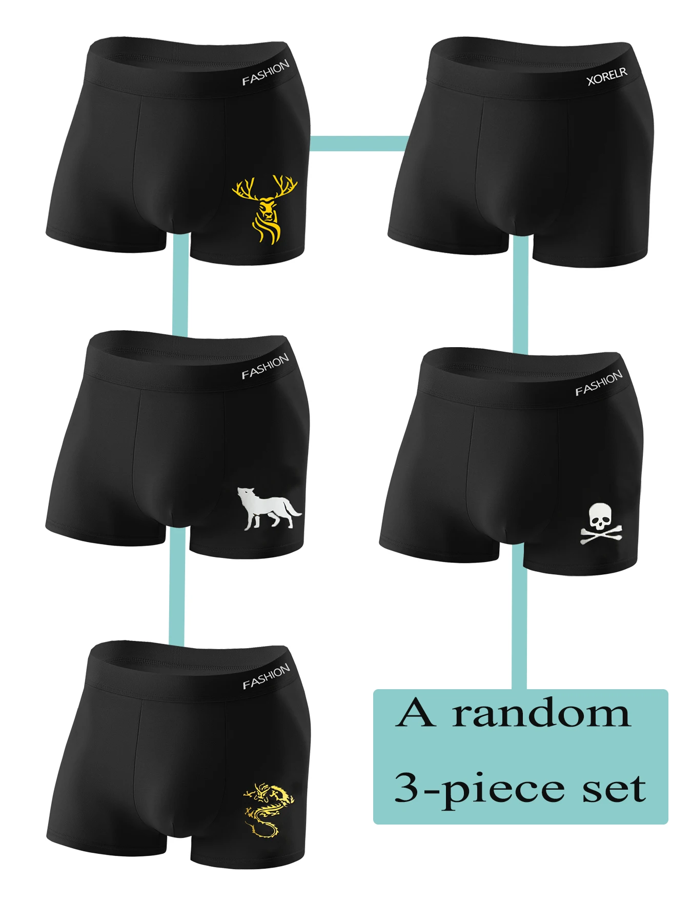 

Random 3-piece set of men's trendy printed briefs with unique animal/skull patterns, comfortable and breathable men's underwear