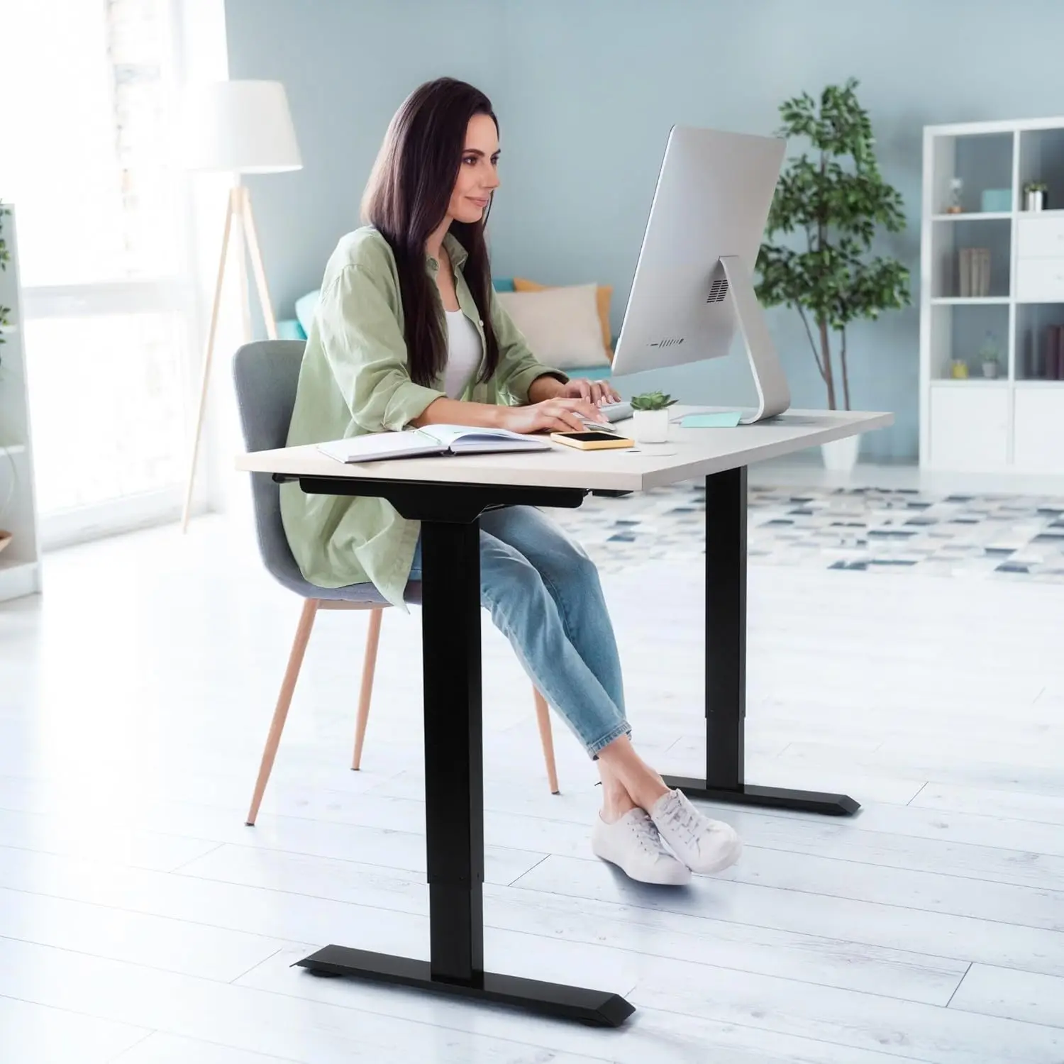 Progressive Desk Electric Compact Stand Up Office Home Desk, Black Frame And Warm White Mdf Tabletop, Black Round Grommet Prime