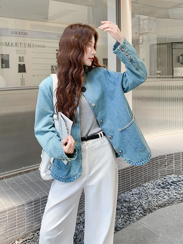 เสื้อยีนส์ทรงกลมสีน้ำเงินแบบลำลองสำหรับผู้หญิง ไซส์เล็ก คอลเลคชั่นต้นฤดูใบไม้ร่วง 2025 รุ่นใหม่ ทรงหลวม สไตล์เกาหลี