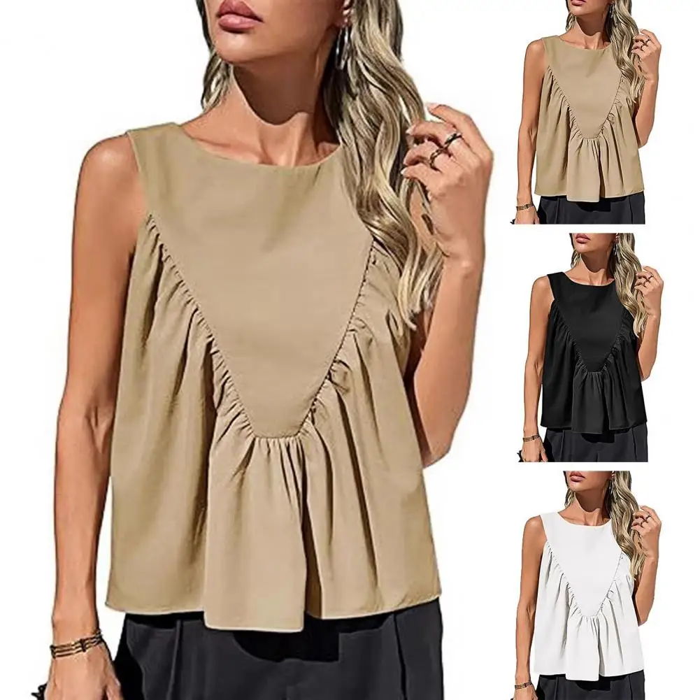New Women's Solid Round Neck Loose T-shirt Pleated Wrinkle Vest Broad Shoulder Decorative Strips Fashionable Versatile Summer