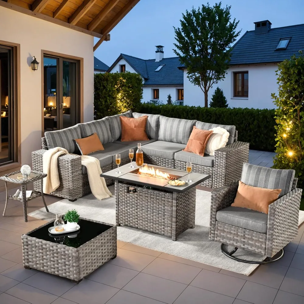 9 Pieces Patio Furniture Set, Outdoor Sectional Sofa with Swivel Rocking Chair, 42