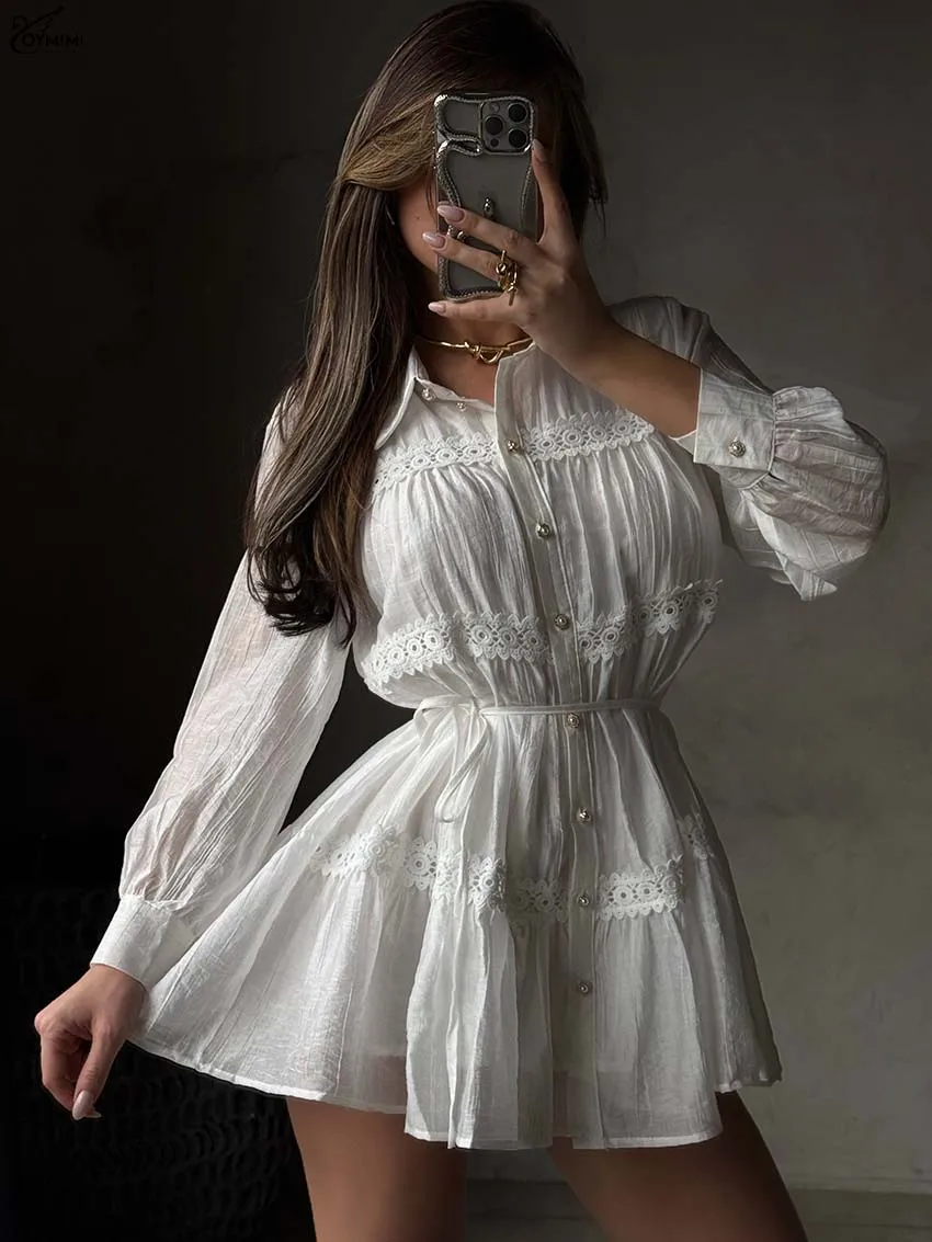 

Oymimi Fashion White Lace Women's Dress Elegant Lapel Long Sleeve Single Breasted Dresses Autumn Lace-Up Pleated Mini Dresses