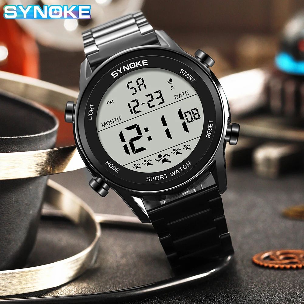 ساعة يد رقمية مقاومة للماء للرجال من SYNOKE ، ساعة منبه للذكور ، حزام من الفولاذ المقاوم للصدأ ، أعلى الفخامة ، إضاءة خلفية