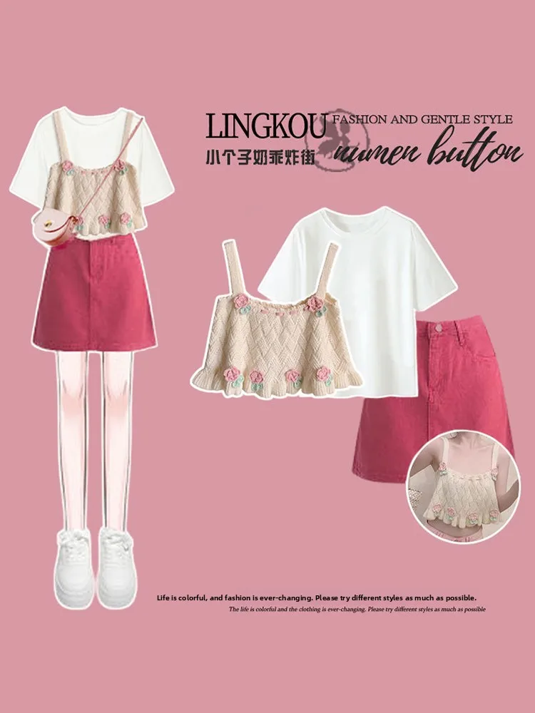 

Модный летний комплект для девушек: новый стильный и красивый топ, джинсовая короткая юбка, облегающий комплект из трех предметов.