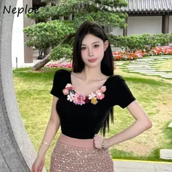 Neploe Fashion Heavy 3D Flower Patchwork V-neck T-shirts 2024 Summer New Black Tops Women Y2k Slim Fit Short Sleeve Tee Shirt