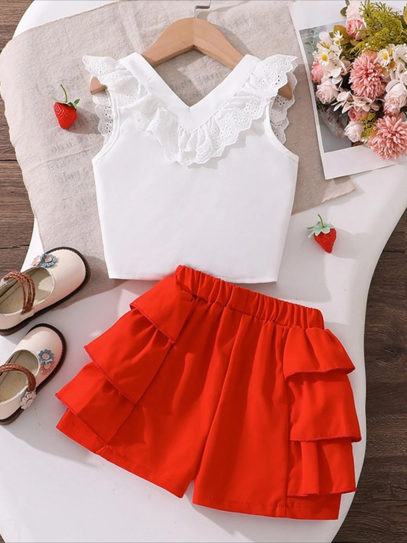 Children's Clothing Girls' Outfit Summer New Style Children's Flying Sleeve Top Bow Multi-layer Edge Shorts