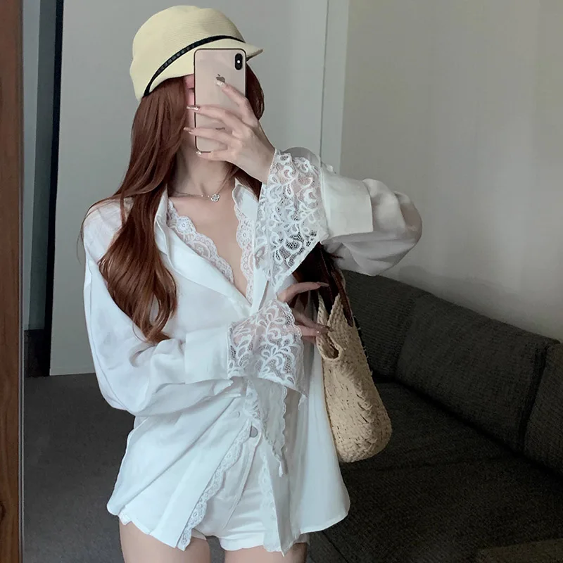 

Korean Patchwork Long Sleeve Casual Design Tops New Elegant Lace Shirts Women Vintage Sexy V Neck Bandage Blouses Summer Fairy