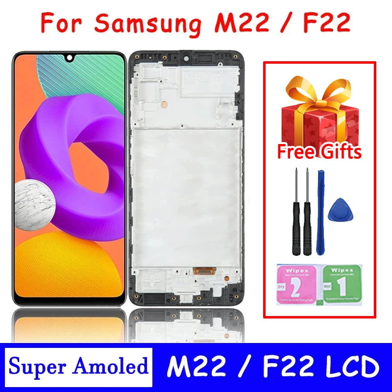 スーパー-amoled-サムスン-m22-m225f-m225f-ds-m225m-lcd-f22-f225f-ディスプレイタッチスクリーンデジタイザーアセンブリとフレーム付き