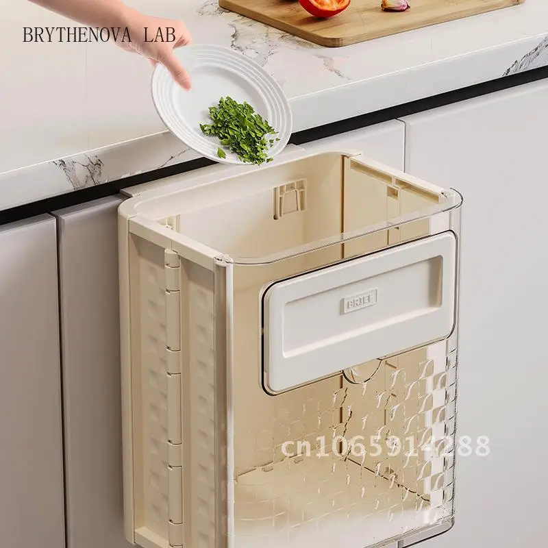 Large Capacity Kitchen Waste Bin Wall Hanging Foldable Trash Can Gray Cream High Color Value Plastic Storage Bin for Household