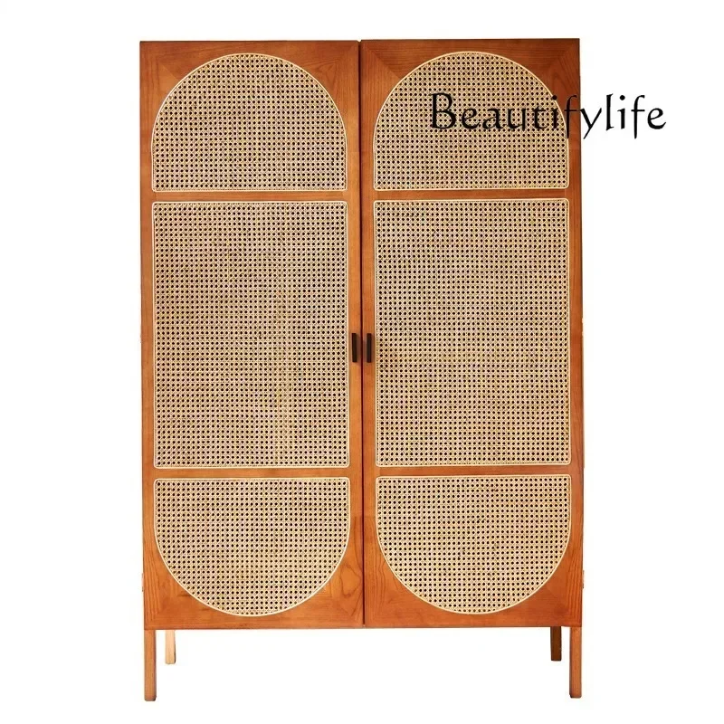 

Nordic solid wood rattan casement wardrobe storage simple modern hanging wardrobe bedroom double door coat cabinet