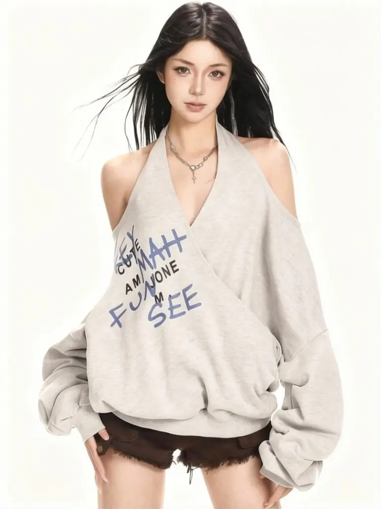 Unique Sexy Off Shoulder Sweatshirt Women Y2k Halter Tops Designer Graphic Hoodie Oversize Sweatshirt Spring Fall Outwear Print