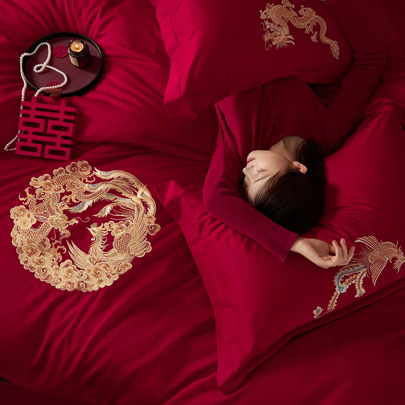 Home textile minimalist new Chinese style dragon and phoenix four piece set wedding bedding