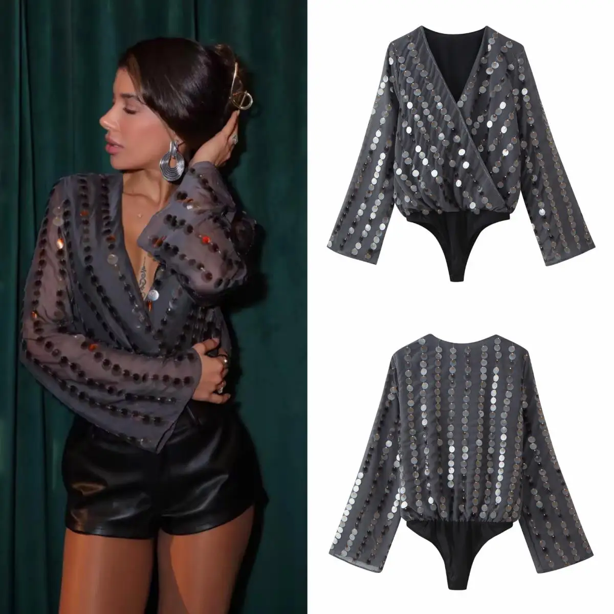 

Women Spring Summer V-Neck Layered Sequin Jumpsuit Female Chic Pleated Loose Long Sleeved Tops Lady Evening Party Bodysuit