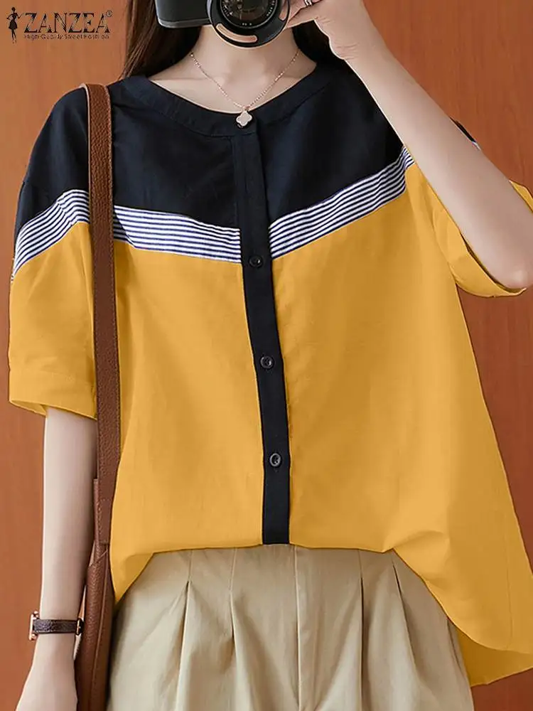 Summer Striped Tops ZANZEA Women Elegant Short Sleeve Patchwork Blouse Stylish OL Work Shirt Casual Loose Holdiay Blusas Tunic