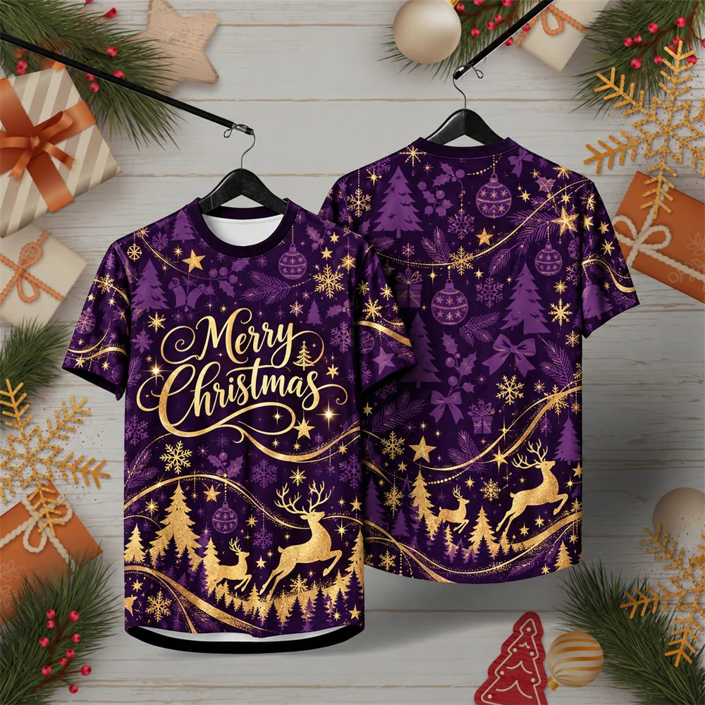 Merry Christmas Ornament and Holly Print T Shirt for Men Microfiber Gold Lettering Crew Neck Short Sleeve Casual Festive Outfit