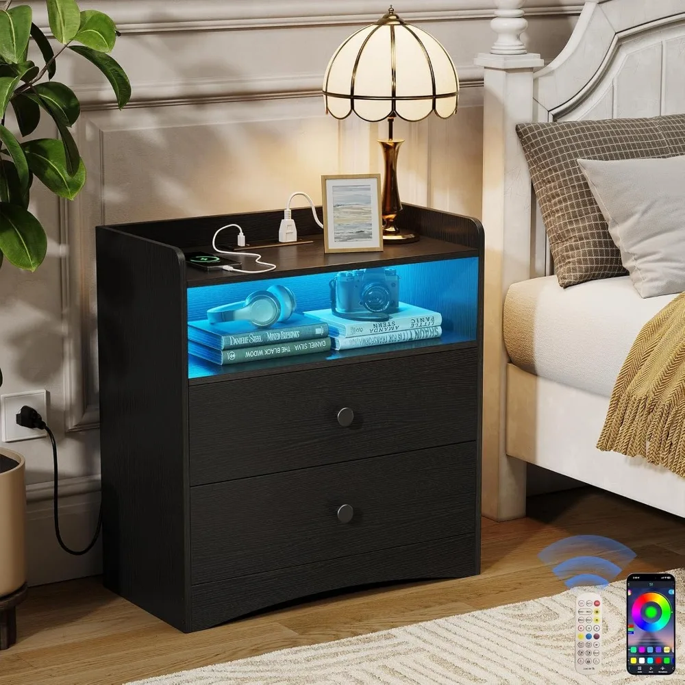 

Nightstand with Charging Station and LED Light,Modern Nightstand with USB Ports and Outlets,Wooden Bedside Tables with 2 Storage