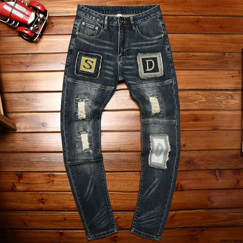 

Ripped Jeans Men's 2023 New Men's Clothing Straight Ankle-Tied Pants Personalized Fashionable All-Match Fashion Elastic Scrape B