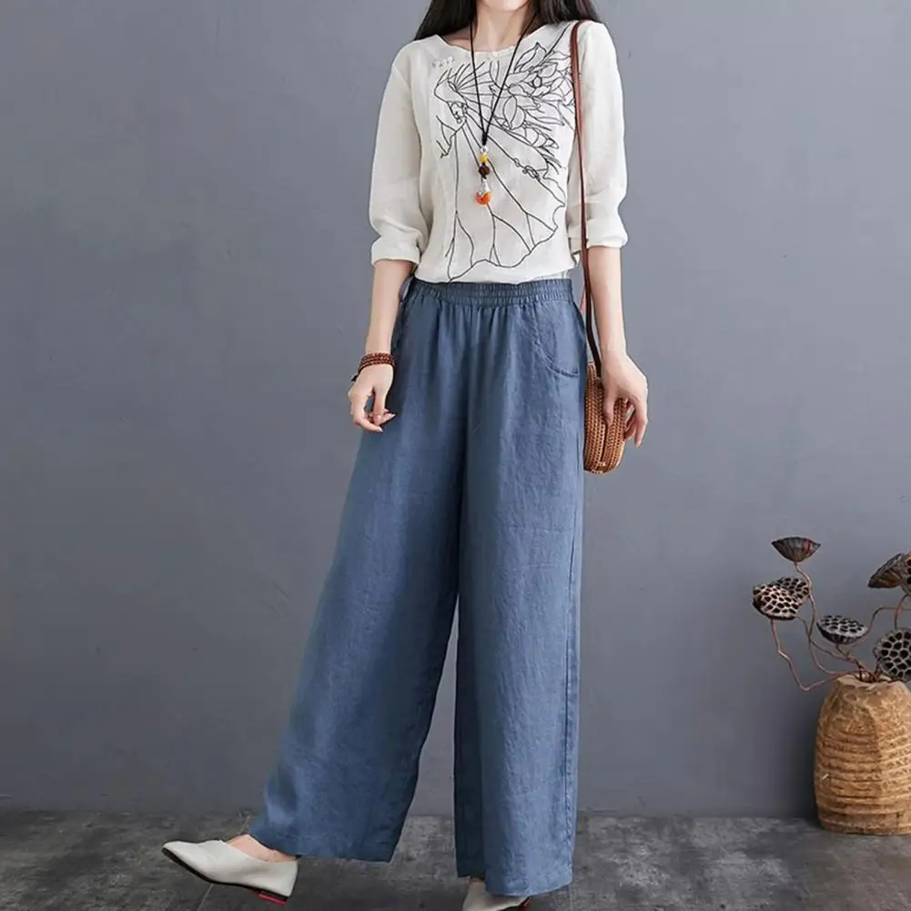 

Women Pants Elastic Waistband Adjustable Drawstring Wide Leg Long Pants with Pockets Pure Color Leisure Trousers Summer Travel W